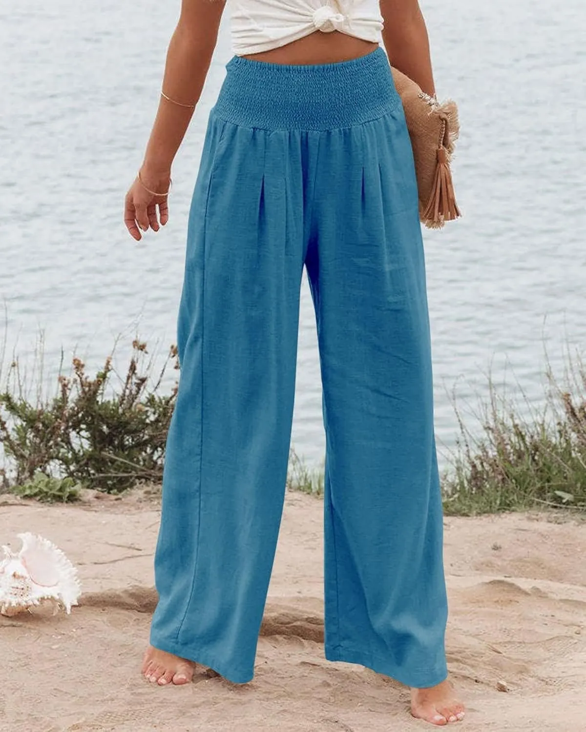 ZWRXW Summer Pants for Women 2024 Linen Palazzo Pants Summer Boho Wide Leg High Waist Pant Flowy Beach Casual Lounge Trousers