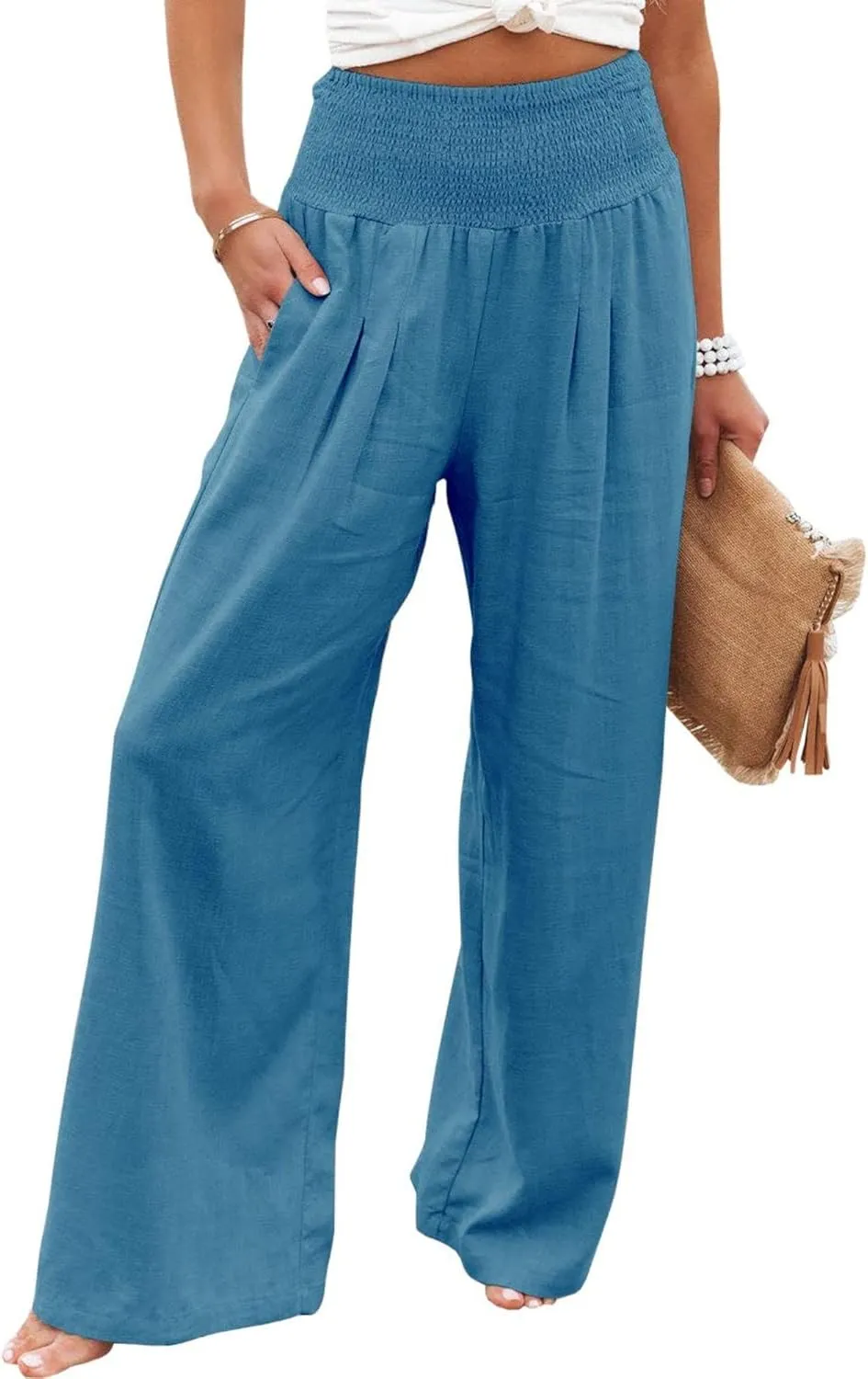 ZWRXW Summer Pants for Women 2024 Linen Palazzo Pants Summer Boho Wide Leg High Waist Pant Flowy Beach Casual Lounge Trousers