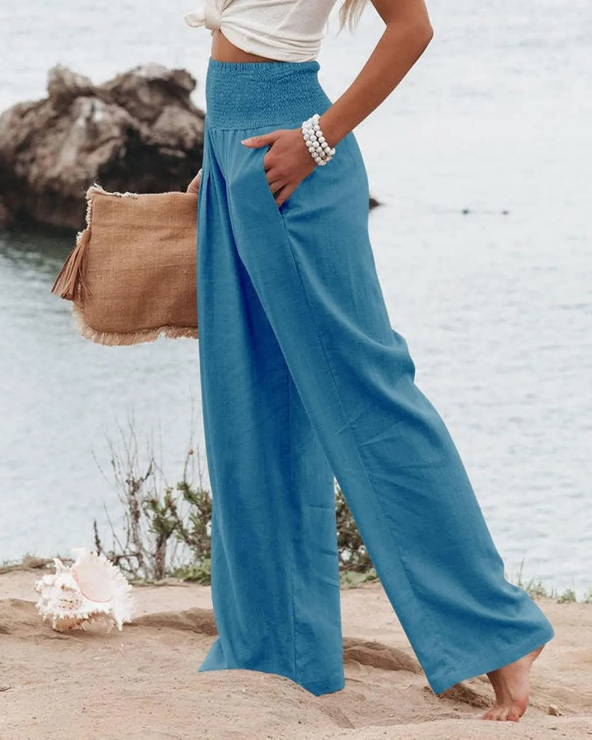 ZWRXW Summer Pants for Women 2024 Linen Palazzo Pants Summer Boho Wide Leg High Waist Pant Flowy Beach Casual Lounge Trousers